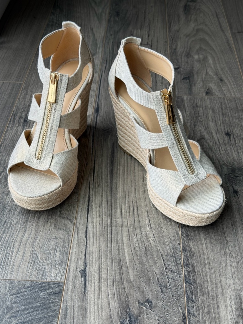 Michael Kors Damita Espadrille Wedge Sandals with Gold Zipper - Linen Look - 8 - Picture 3 of 13
